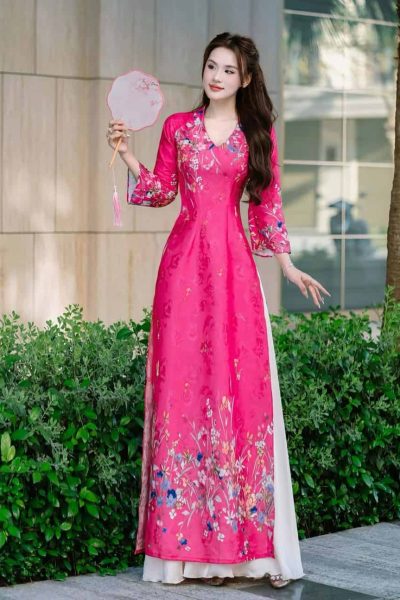 Áo dài Diệu Thư thiết kế tơ lót lụa 4 tà họa tiết vẽ tay cao cấp