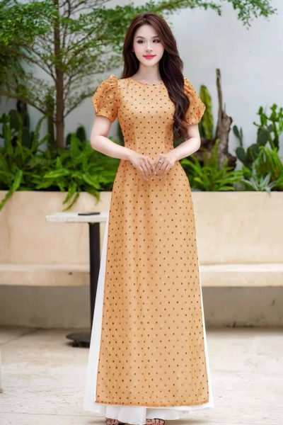Áo dài Thiên Bồng họa tiết chấm bi vải lụa Thái Tuấn Fatraly
