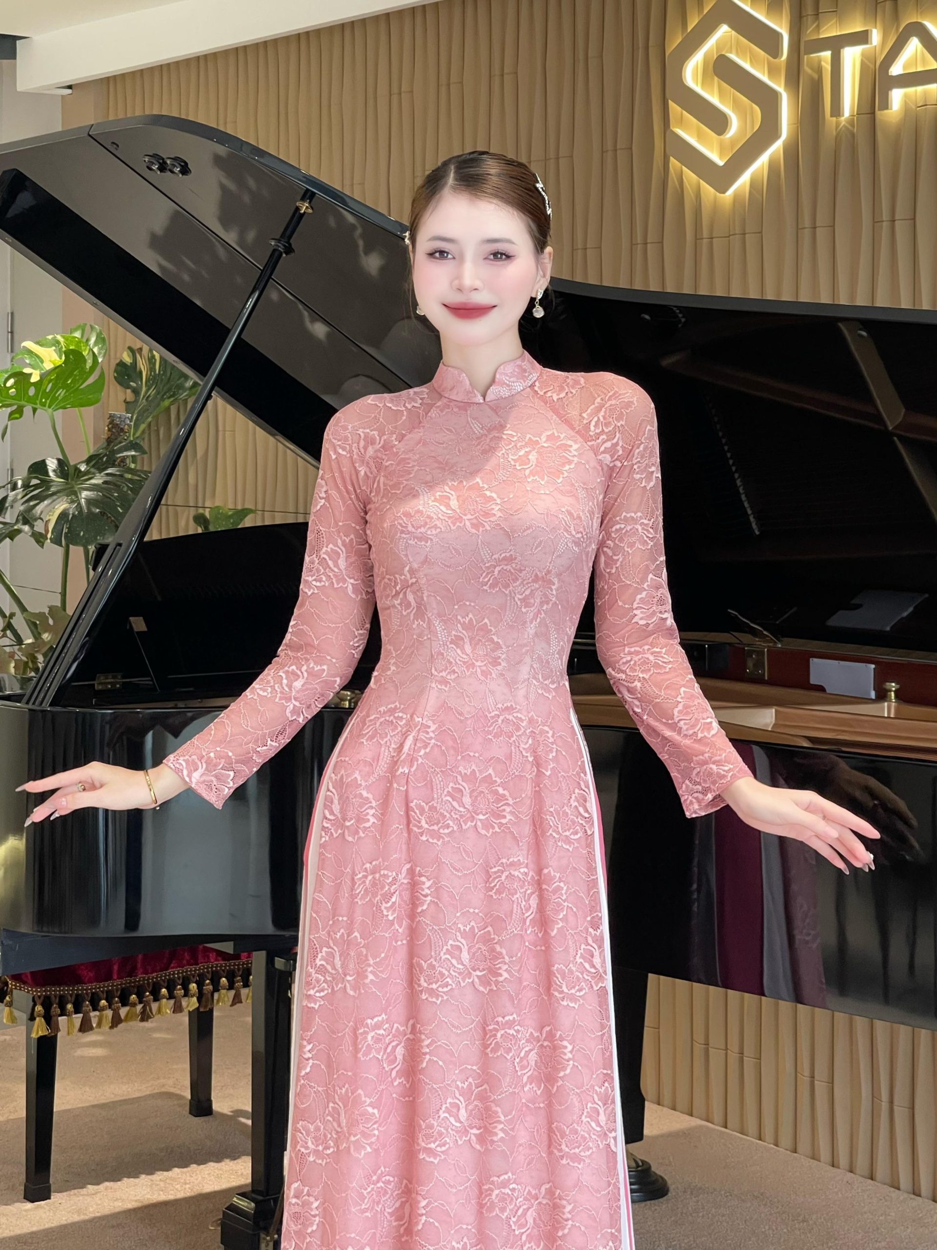 Áo dài vải Ren cotton co giãn 4 tà may thủ công 2 lớp tôn dáng thoáng mát phù hợp nhiều dáng người