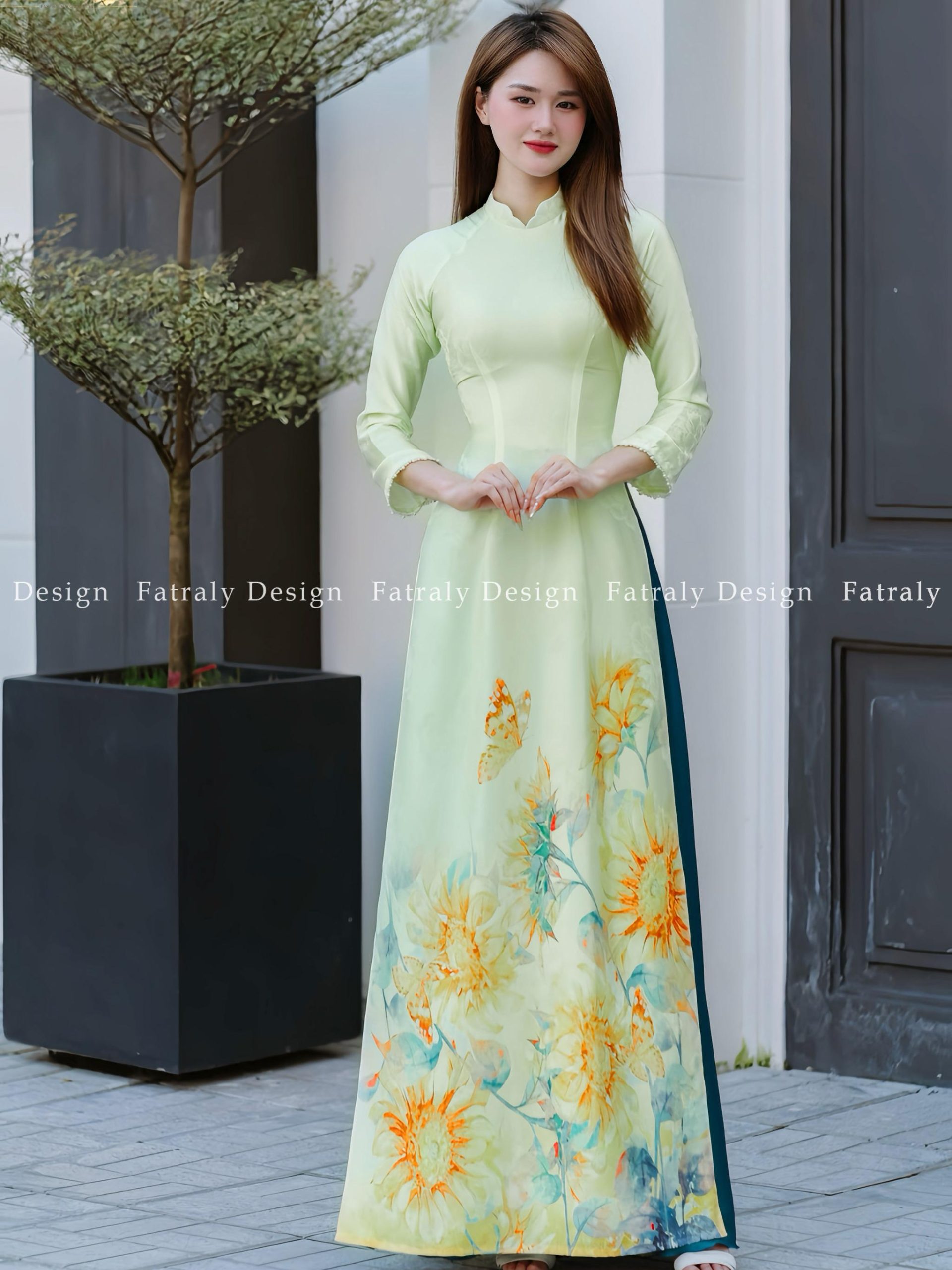 Áo dài nữ lụa tơ tằm chân hoa hướng dương thiết kế tinh tế