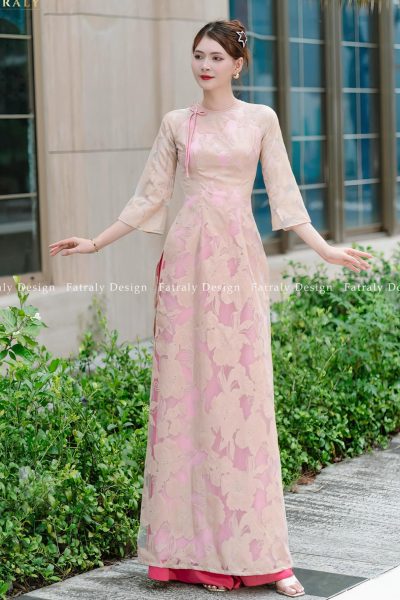 Áo dài nữ 4 tà từ tơ dệt vân nổi lót lụa in hoa, mẫu mới thiết kế độc đáo tinh tế và duyên dáng phù hợp nhiều dịp