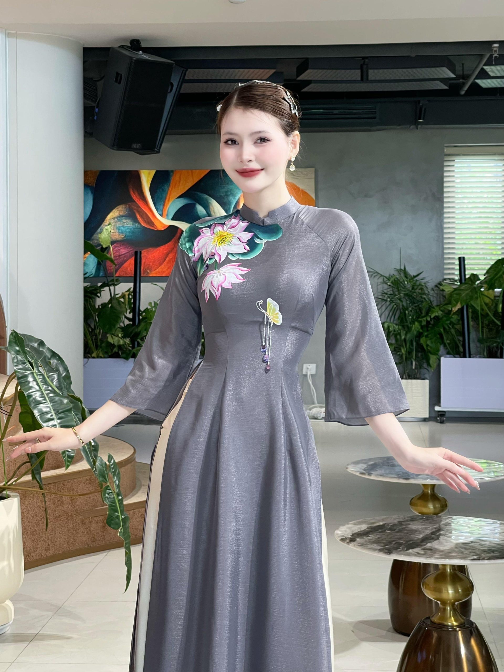 Áo Dài Phối Voan Tơ 4 Tà Màu Ghi Siêu Sang - Chất Liệu Mềm Mại