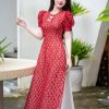 Áo dài nữ họa tiết chấm bi 4 tà trẻ trung tay ngắn, vải mềm mại cho phong cách năng động