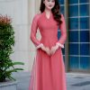 Áo dài nữ thiết kế 4 tà vải tơ lót lụa cổ đính ngọc màu hồng 16 Áo dài nữ thiết kế 4 tà