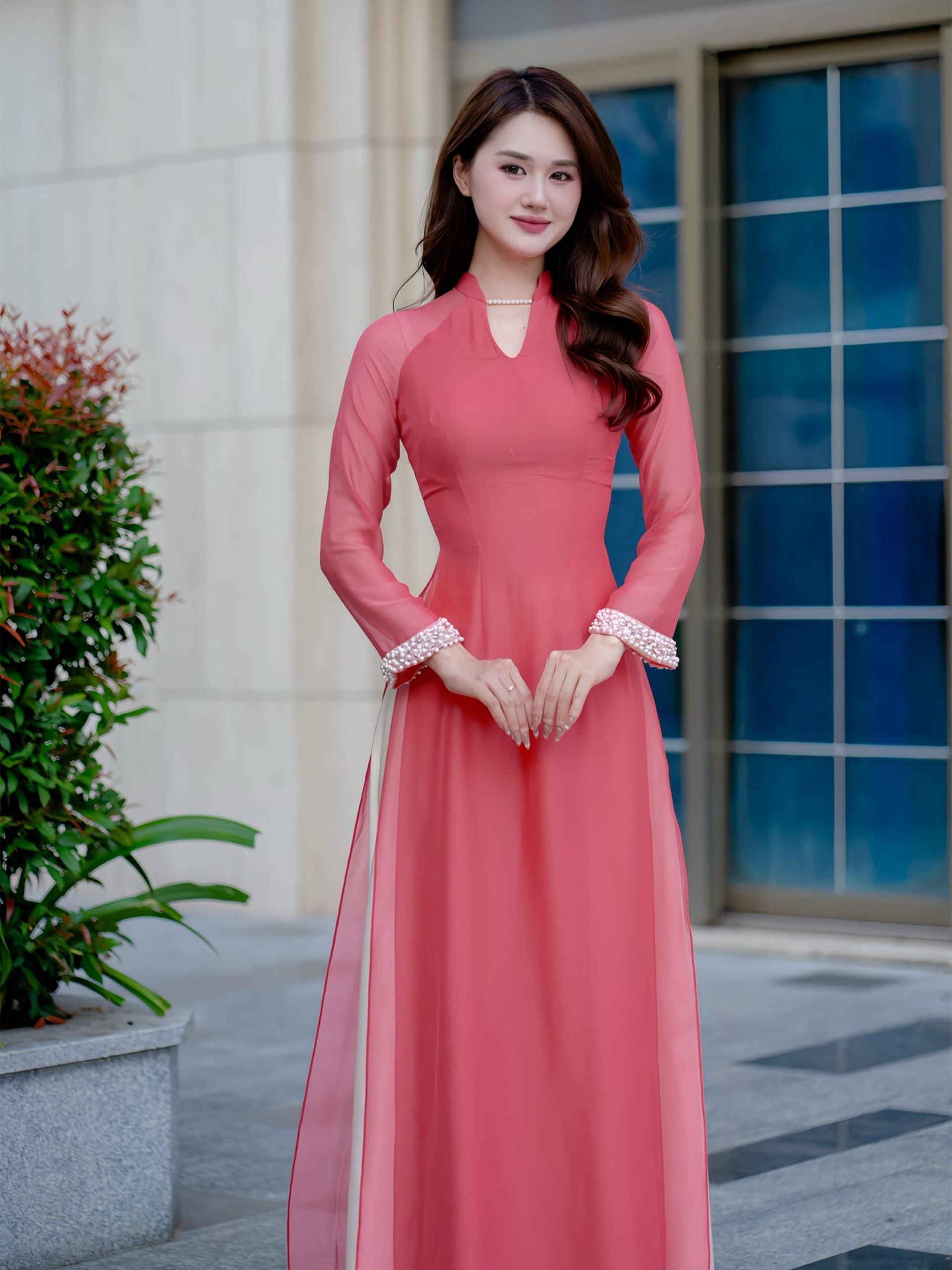 Áo dài nữ thiết kế 4 tà vải tơ lót lụa cổ đính ngọc màu hồng 1 Áo dài nữ thiết kế 4 tà