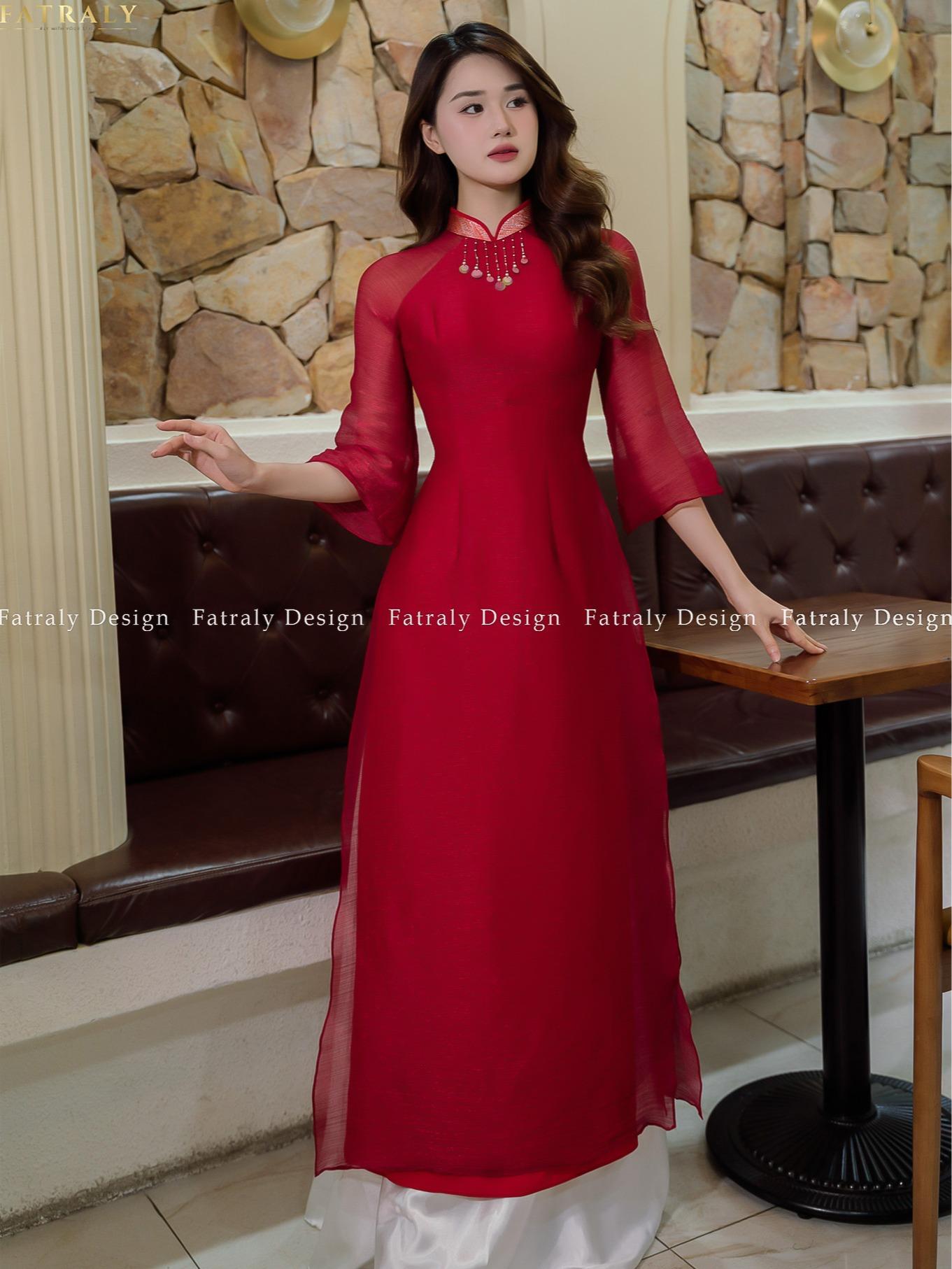 Áo dài nữ vải voan tơ óng đỏ