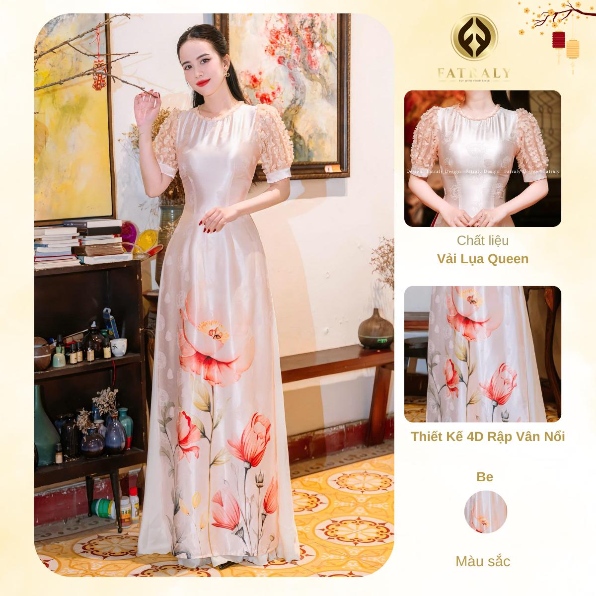 Áo dài nữ hoa chân cổ tròn tay bồng chất liệu lụa tơ tằm vân gấm mềm mịn co dãn nhẹ phù hợp bốn mùa 7 Áo dài nữ hoa chân cổ tròn tay bồng chất liệu lụa tơ tằm vân gấm mềm mịn co dãn nhẹ phù hợp bốn mùa - Hình ảnh 7