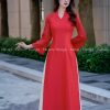 Áo dài nữ đỏ cam tay tơ cổ đính ngọc thủ công vải gâm cao cấp