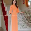 Áo Dài Truyền Thống Màu Cam Đào, Chất Liệu Lụa Thạch Anh Thái Tuấn Đính Ngọc