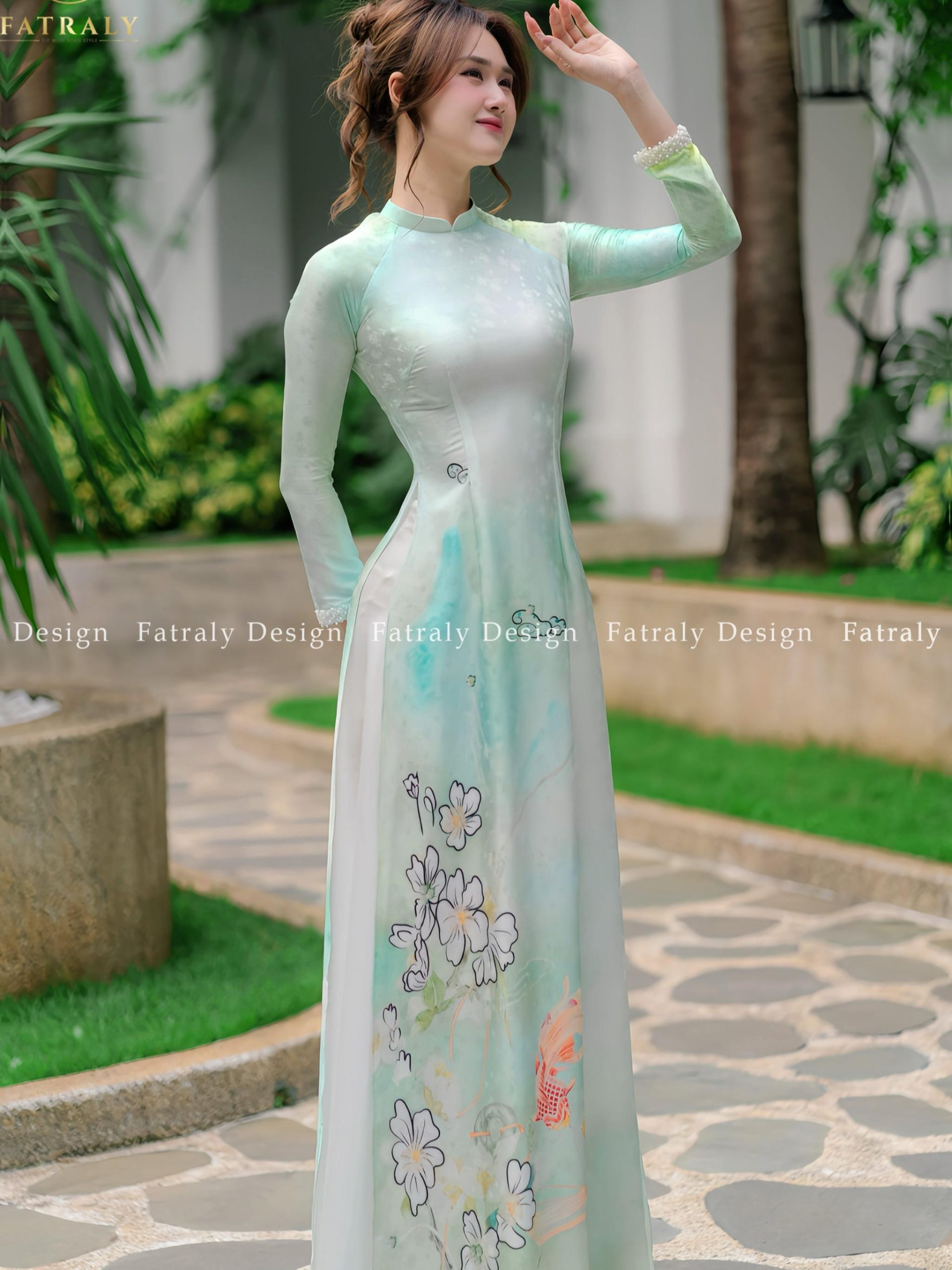 Áo dài nữ lụa tơ tằm vân gấm hoa màu xanh