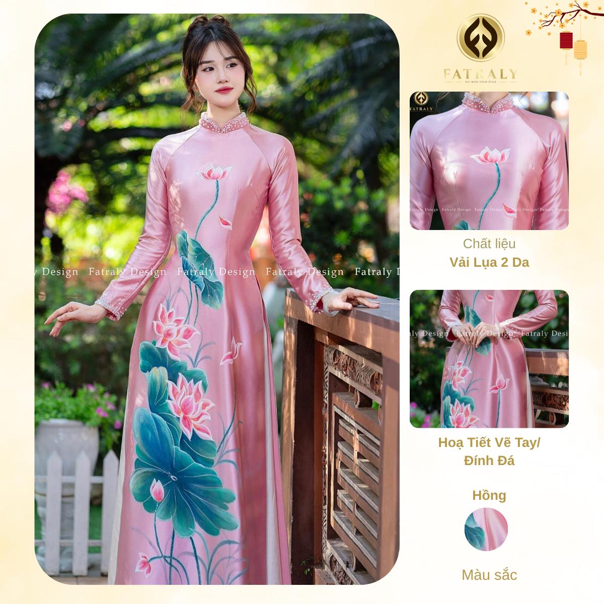 Áo dài nữ Lụa 2 da họa tiết hoa sen vẽ tay cao cấp cổ áo dính đá sang trọng 2 Áo dài nữ Lụa 2 da họa tiết hoa sen vẽ tay cao cấp cổ áo dính đá sang trọng - Hình ảnh 2