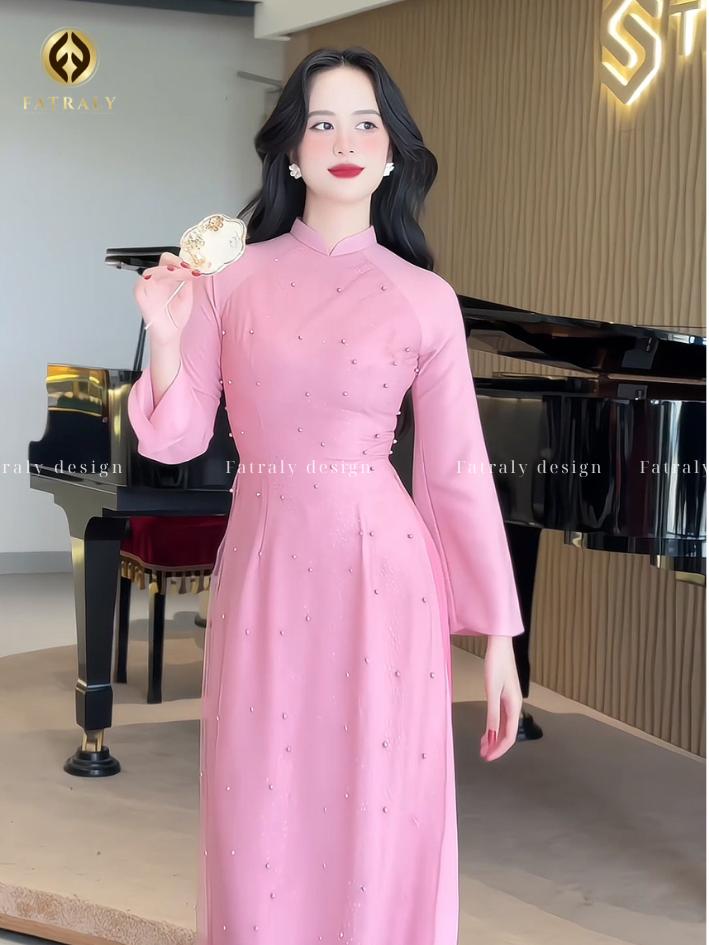 Áo Dài Hồng Ngọt Ngào Từ Lưới Nhũ Đính Ngọc Trai Full Thân, Thiết Kế 4 Tà Cao Cấp