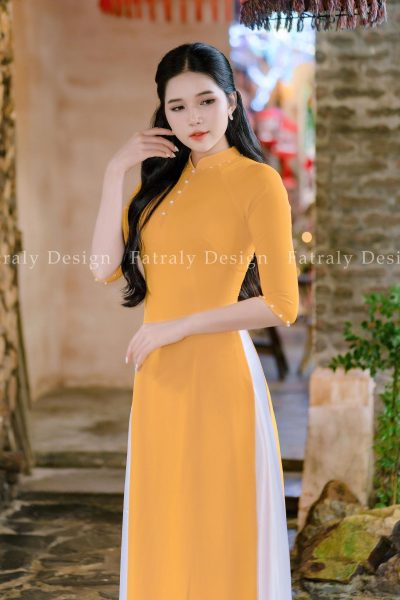Áo Dài Truyền Thống Vải Lụa Thạch Anh Xẻ Trụ Đính Ngọc Cao Cấp Phù Hợp Cho Nhiều Dịp