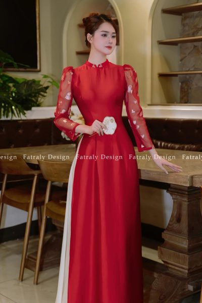 Áo dài lụa phối voan tơ tay phồng hoạ tiết thêu thủ công cao cấp màu nude xinh sang chất liệu mềm mại thoải mái