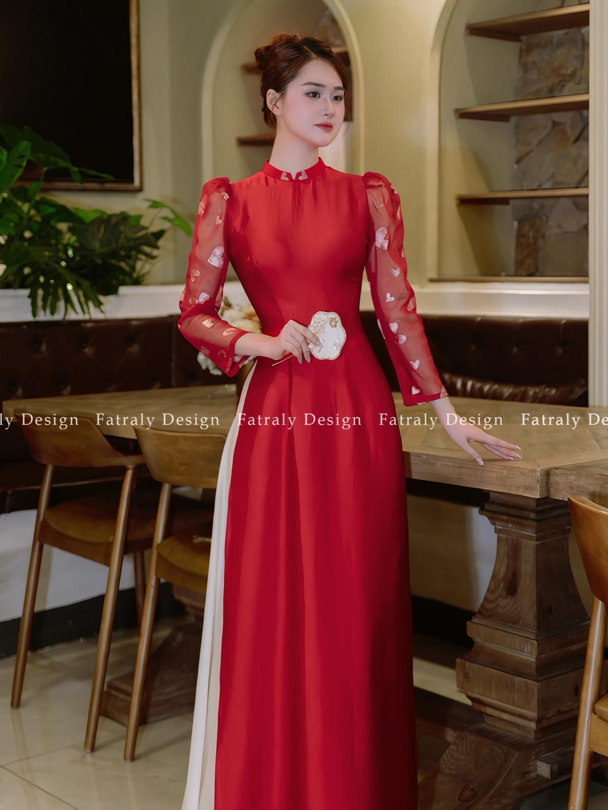 Áo dài lụa phối voan tơ tay phồng hoạ tiết thêu thủ công cao cấp màu nude xinh sang chất liệu mềm mại thoải mái