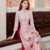 Áo dài nữ lụa tơ tăm vân gấm nút bọc màu hồng cam thời trang nữ tính và dịu dàng