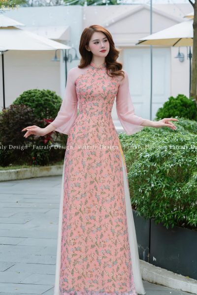 Áo dài vải tơ in 3D lót lụa nhũ ánh kim, thiết kế 4 tà may thủ công cao cấp, tay áo lỡ nhẹ nhàng, sản xuất tại Việt Nam