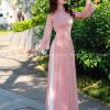 Áo dài nữ thiết kế 4 tà màu hồng vải tơ ánh lót lụa cao cấp, cổ áo đính kết thủ công