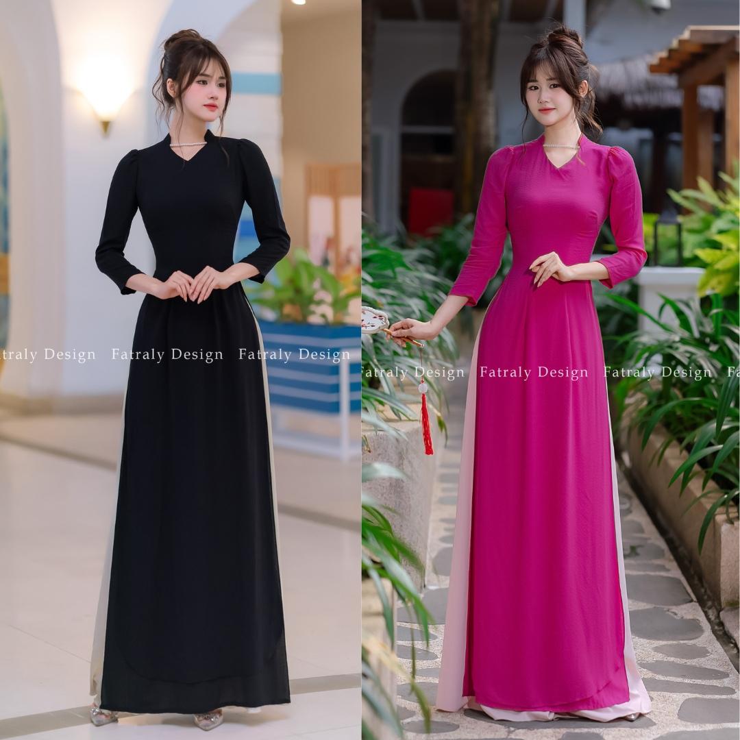 Áo dài cotton vân nổi cao cấp, thiết kế cổ V cách điệu tôn dáng