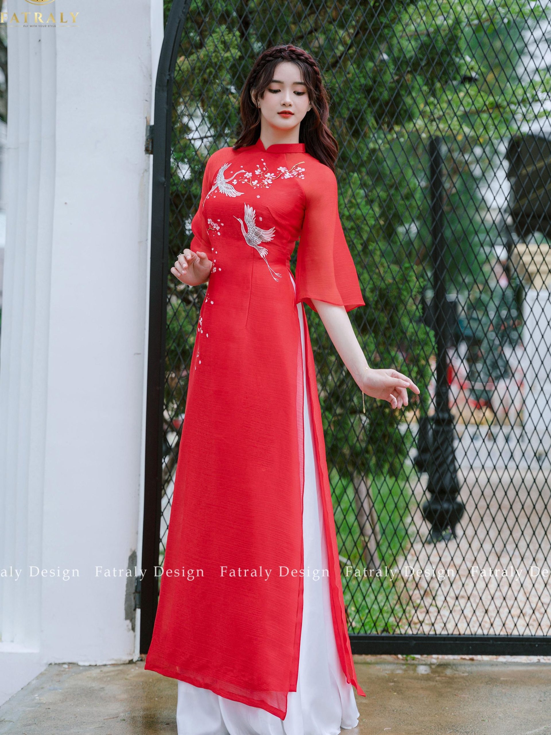 Áo dài nữ tơ lót lụa 4 tà hoạ tiết vẽ tay cao cấp