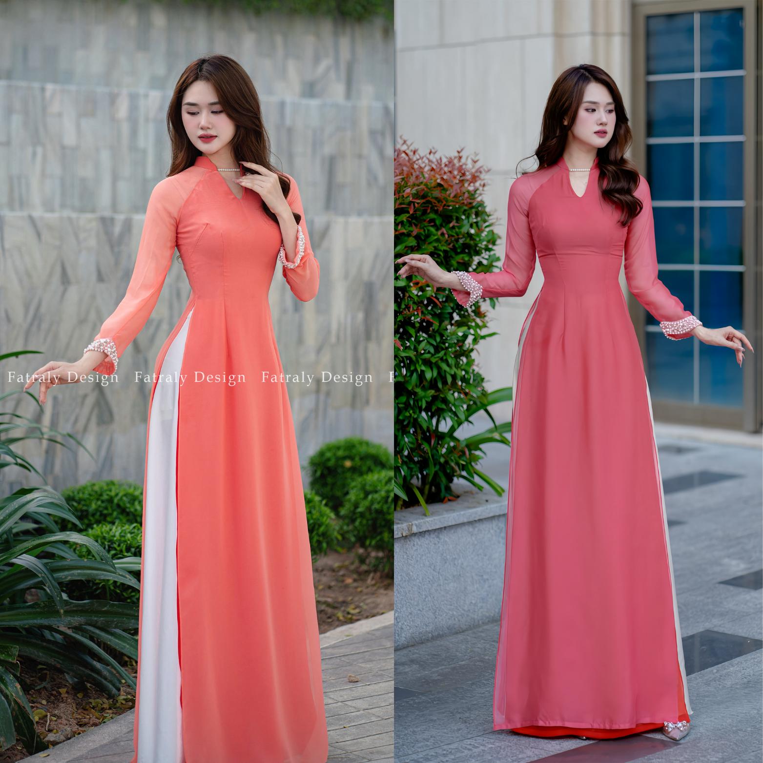 Áo dài nữ thiết kế 4 tà vải tơ lót lụa cổ đính ngọc màu hồng 6 Áo dài nữ thiết kế 4 tà vải tơ lót lụa cổ đính ngọc màu hồng - Hình ảnh 6