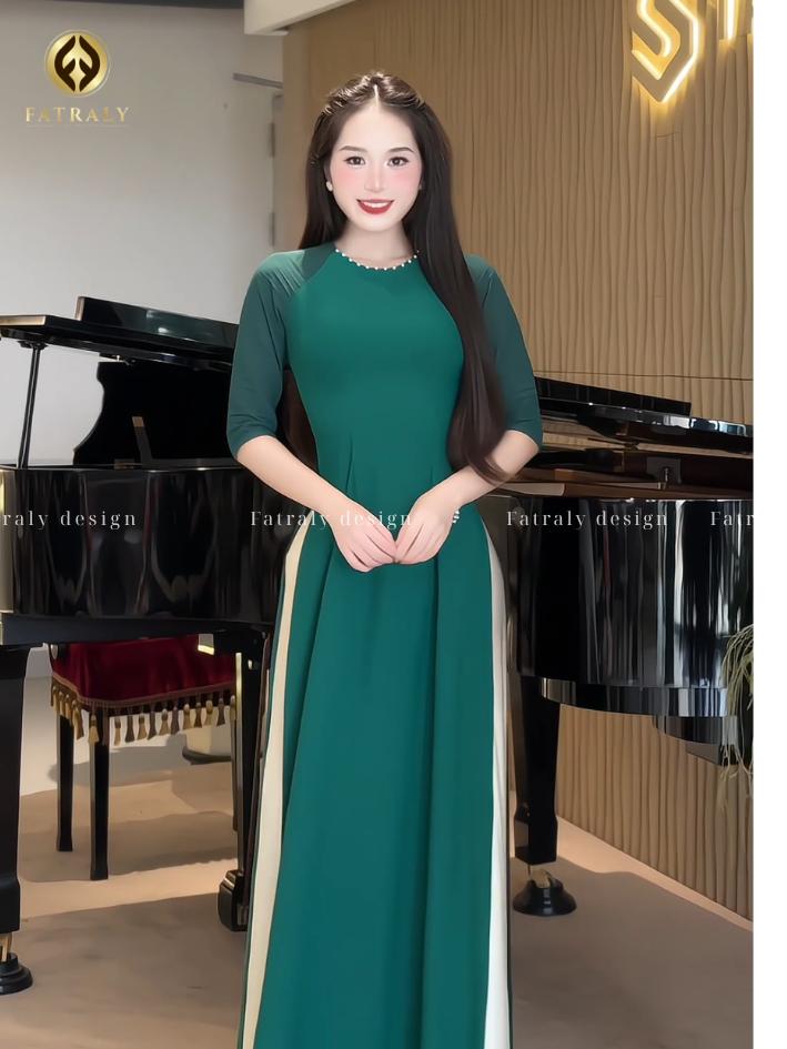 Áo dài trơn vải lụa gấm thái tuấn màu xanh than, thiết kế tay áo dập li cực xinh