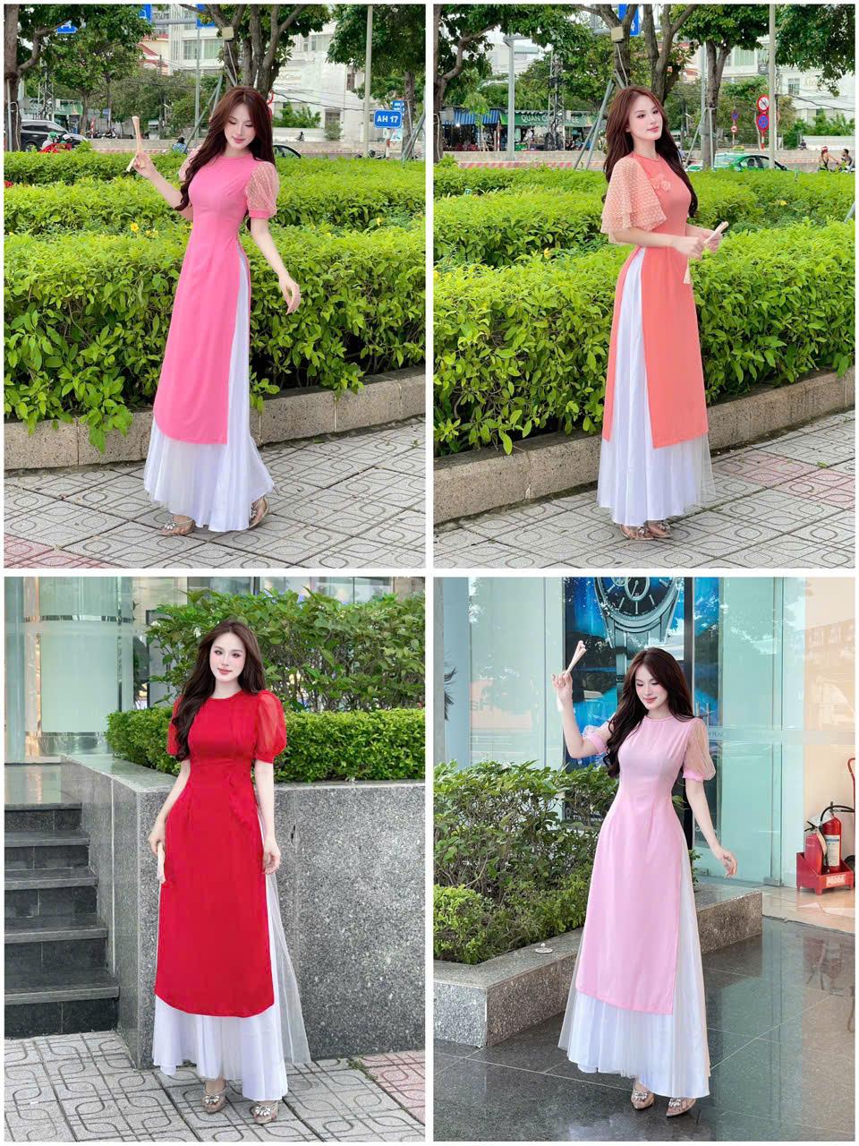 Áo dài cổ tít thiết kế tay ngắn cách điệu phong cách trẻ trung, vải lụa mềm mát co giãn nhẹ