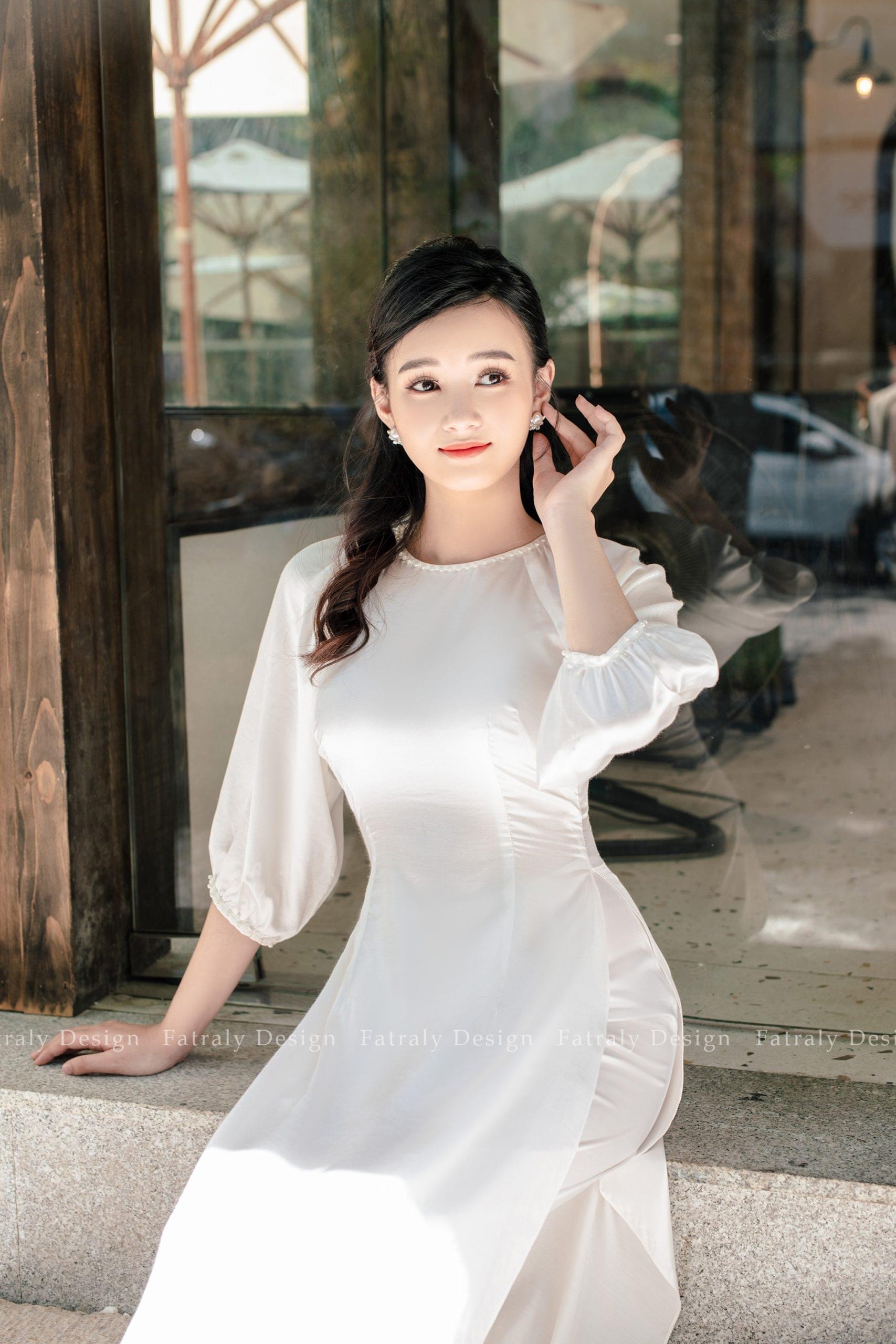 Áo dài Thiên Ngọc trắng thiết kế cao cấp - Hình ảnh 3