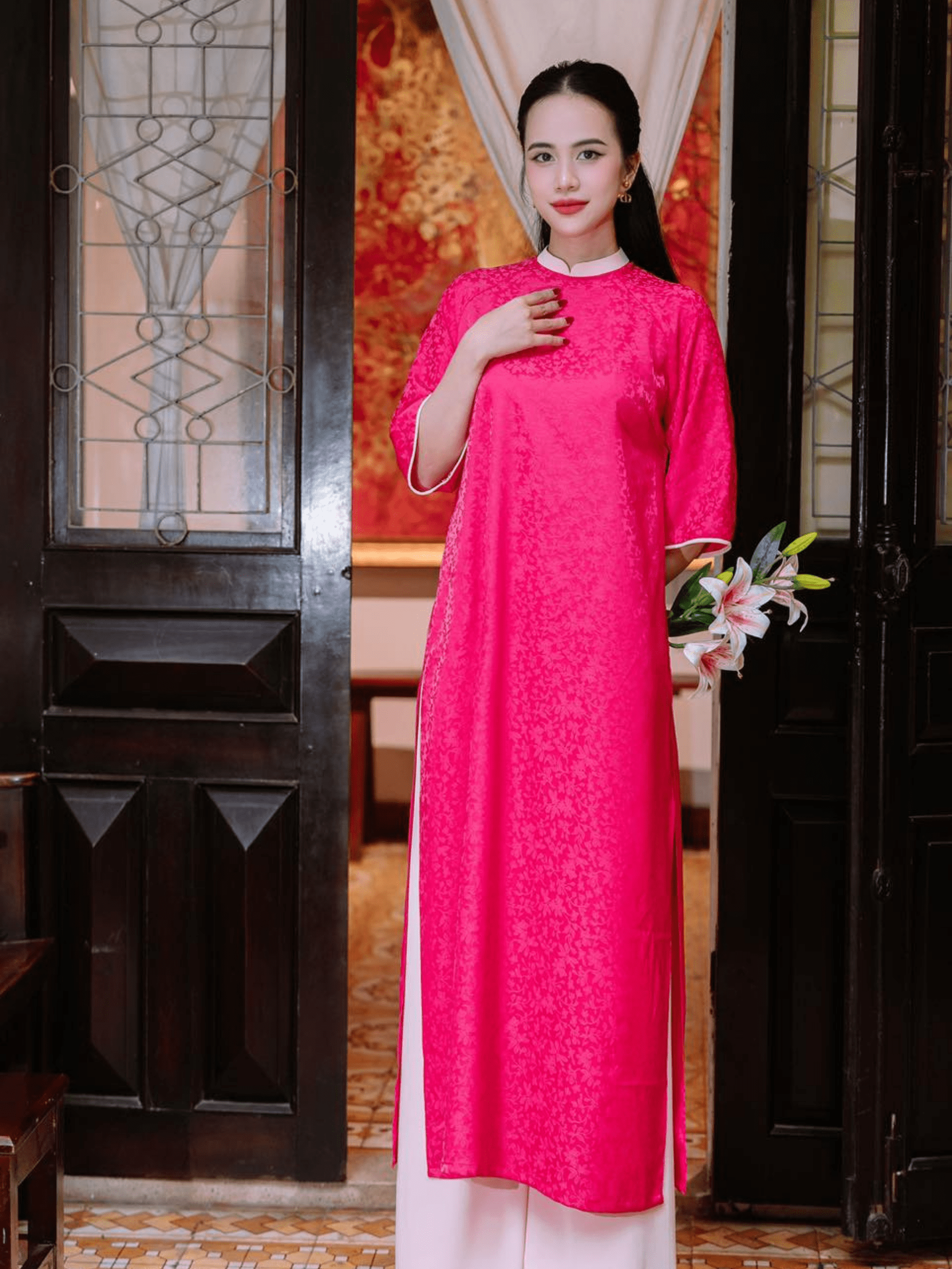 Áo dài đôi cho thuê Tường Vi Nhã Sắc vải lụa gấm Thái Tuấn Fatraly - Hình ảnh 2