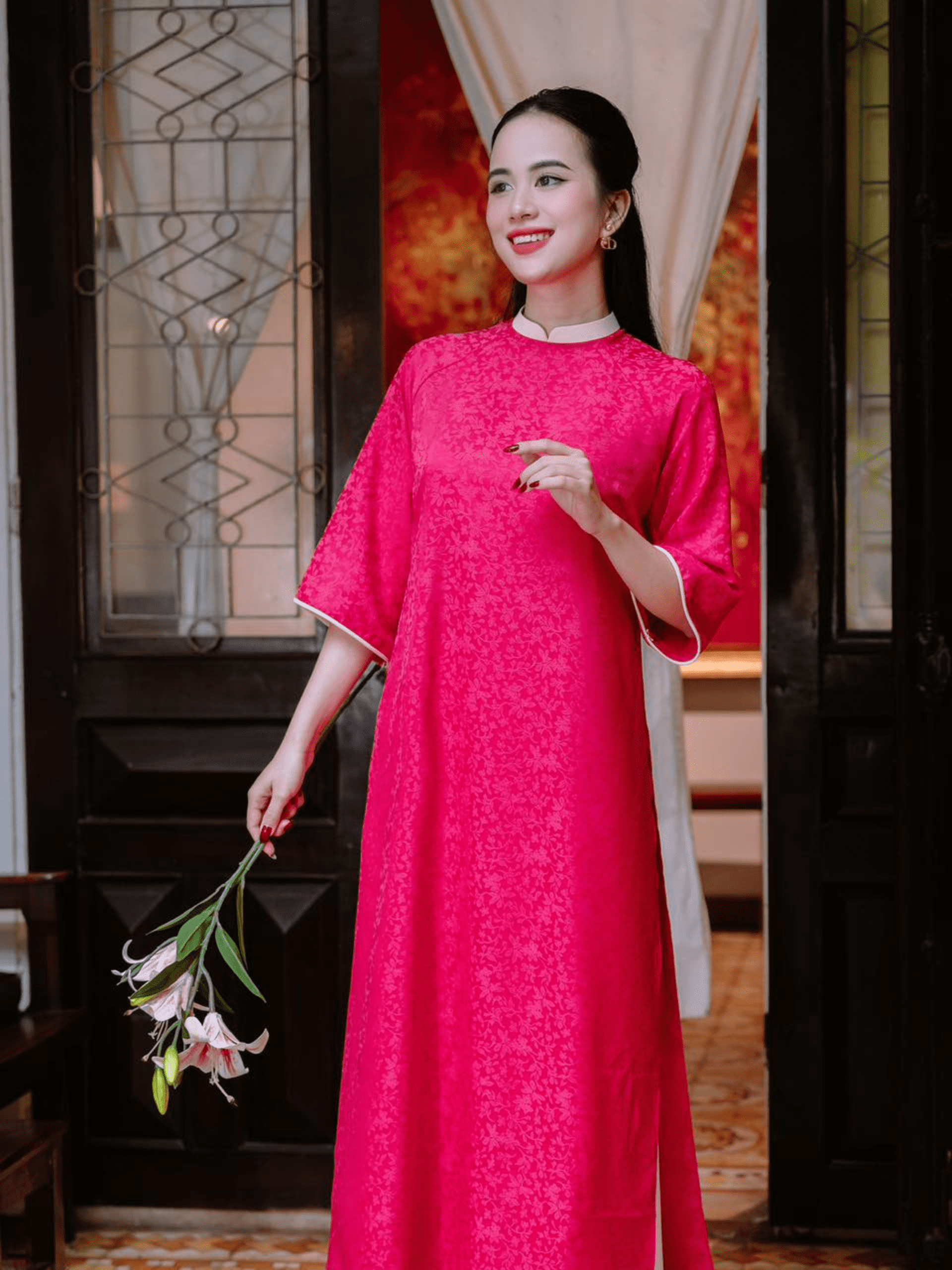 Áo dài đôi cho thuê Tường Vi Nhã Sắc vải lụa gấm Thái Tuấn Fatraly
