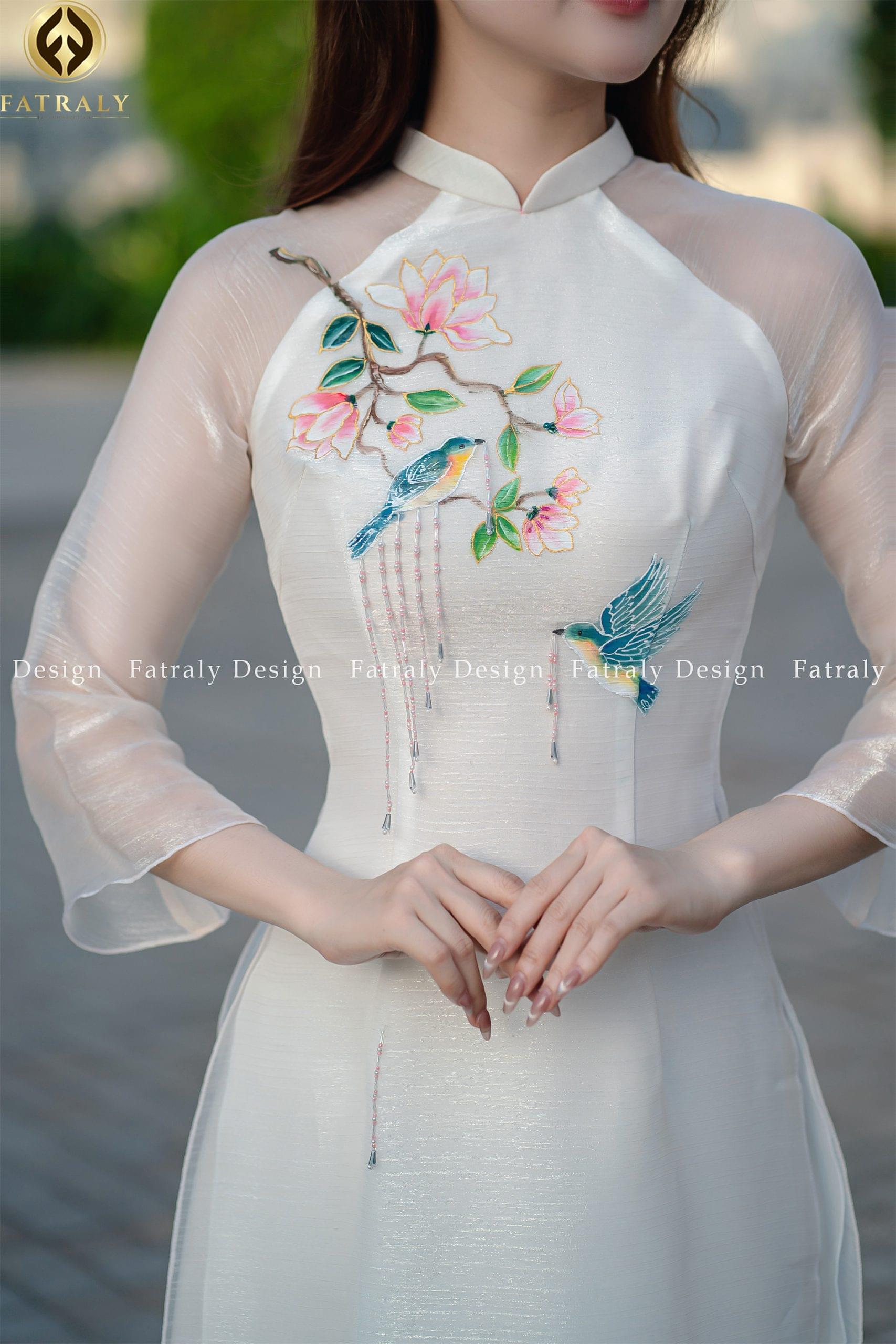 Áo dài Ngọc vải tơ 4 tà có đính kết thủ công cao cấp - Hình ảnh 2