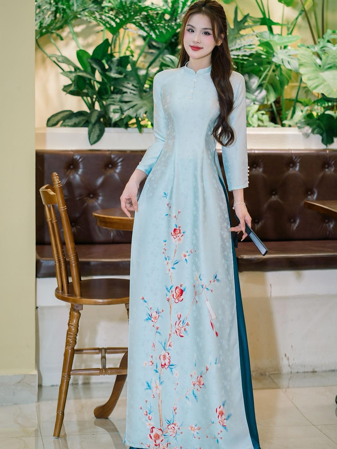 Áo dài cho thuê Đào Xuân vải lụa gấm tơ tằm Thái Tuấn Fatraly