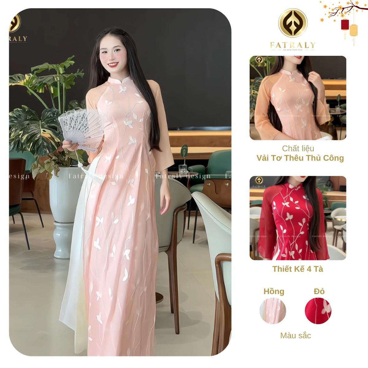 Áo Dài Vải Tơ Thiết Kế 4 Tà Thêu Hoa Thủ Công Cao Cấp Màu Sắc Nhẹ Nhàng Truyền Thống Pha Nét Hiện Đại Thiết Kế Độc Đáo Tôn Vẻ Thanh Lịch Sang Trọng - Hình ảnh 2