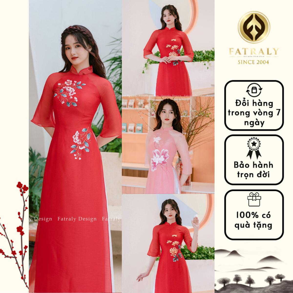 Áo dài nữ tơ lót lụa 4 tà hoạ tiết vẽ tay cao cấp thiết kế tinh tế chất liệu cao cấp phù hợp nhiều dịp vải tapta 3/4 tay maxi - Hình ảnh 2