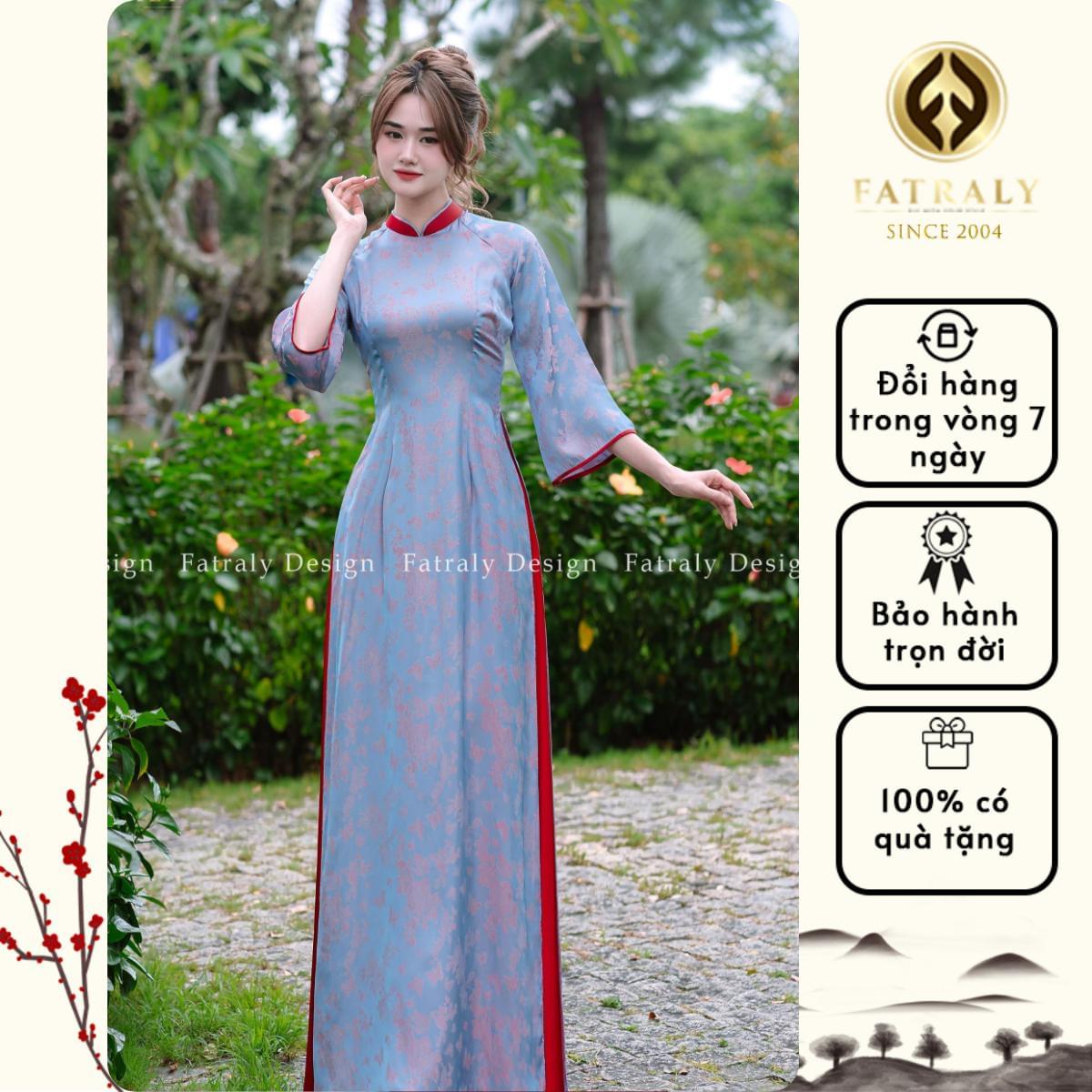 Áo dài nữ tơ tằm tây thi phối viền đỏ chất liệu cao cấp thiết kế tinh tế phù hợp cho dịp lễ hội và hàng ngày - Hình ảnh 2