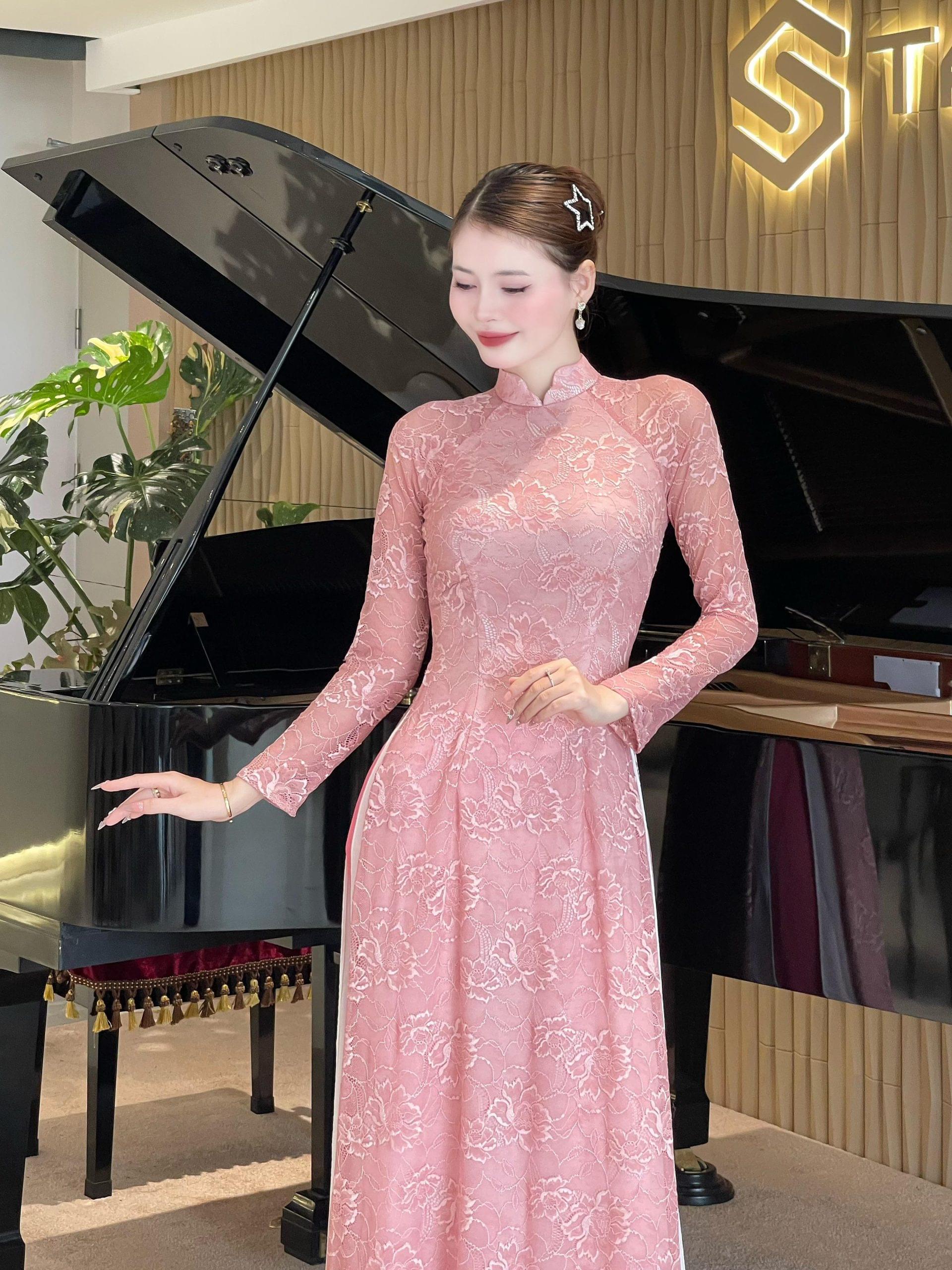 Áo dài vải Ren cotton co giãn 4 tà may thủ công 2 lớp tôn dáng thoáng mát - Hình ảnh 2